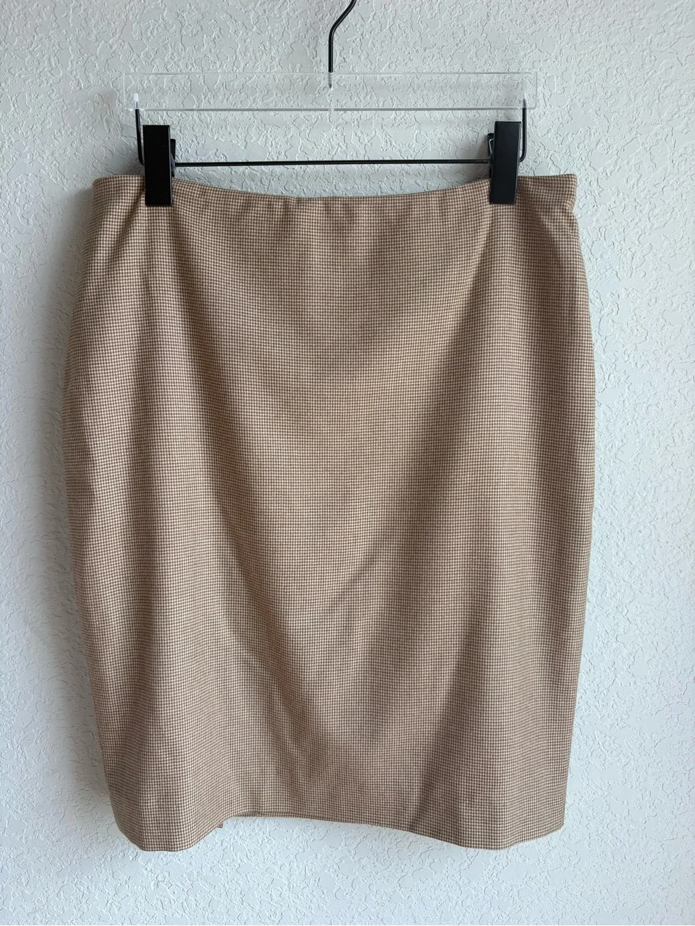 Ralph Lauren Vintage Wool Cashmere Skirt Suit Women US12 Camel Houndstooth silk